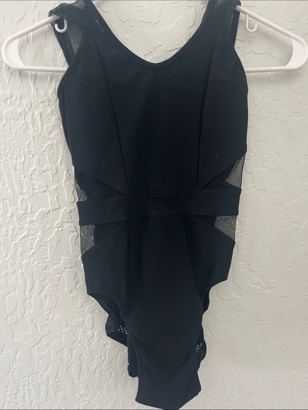 Blue water Dancewear, Girls' Black Mesh-Panel Leotard.  Size Large child.